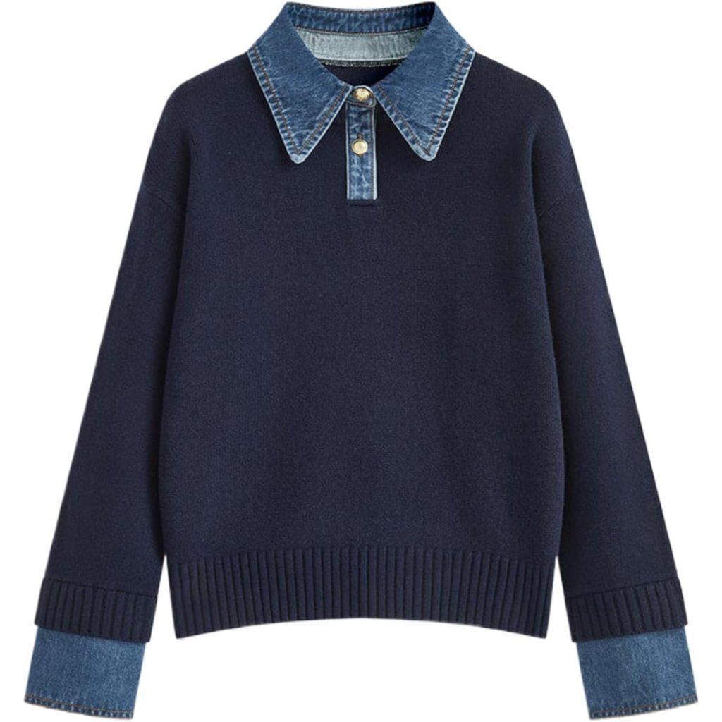 Womens Fall Oversized Long Sleeve Sweaters 2 In 1 Denim Panel Lapel Sweater Polo